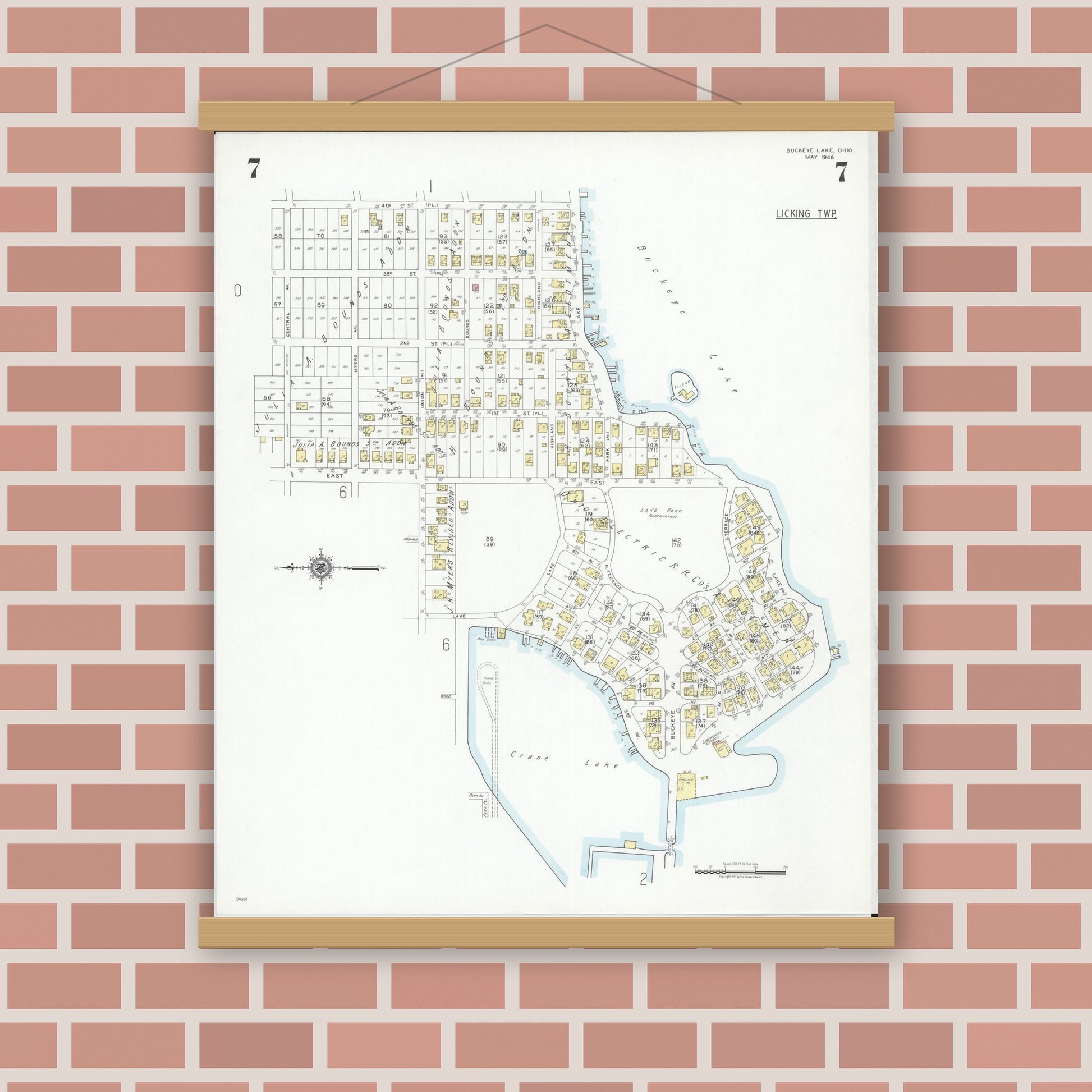 Old map wall art mockup — magnetic wood frame on brick wall — Sanborn Fire Insurance Map from Buckeye Lake, Licking County, Ohio (1946), Sheet #0007