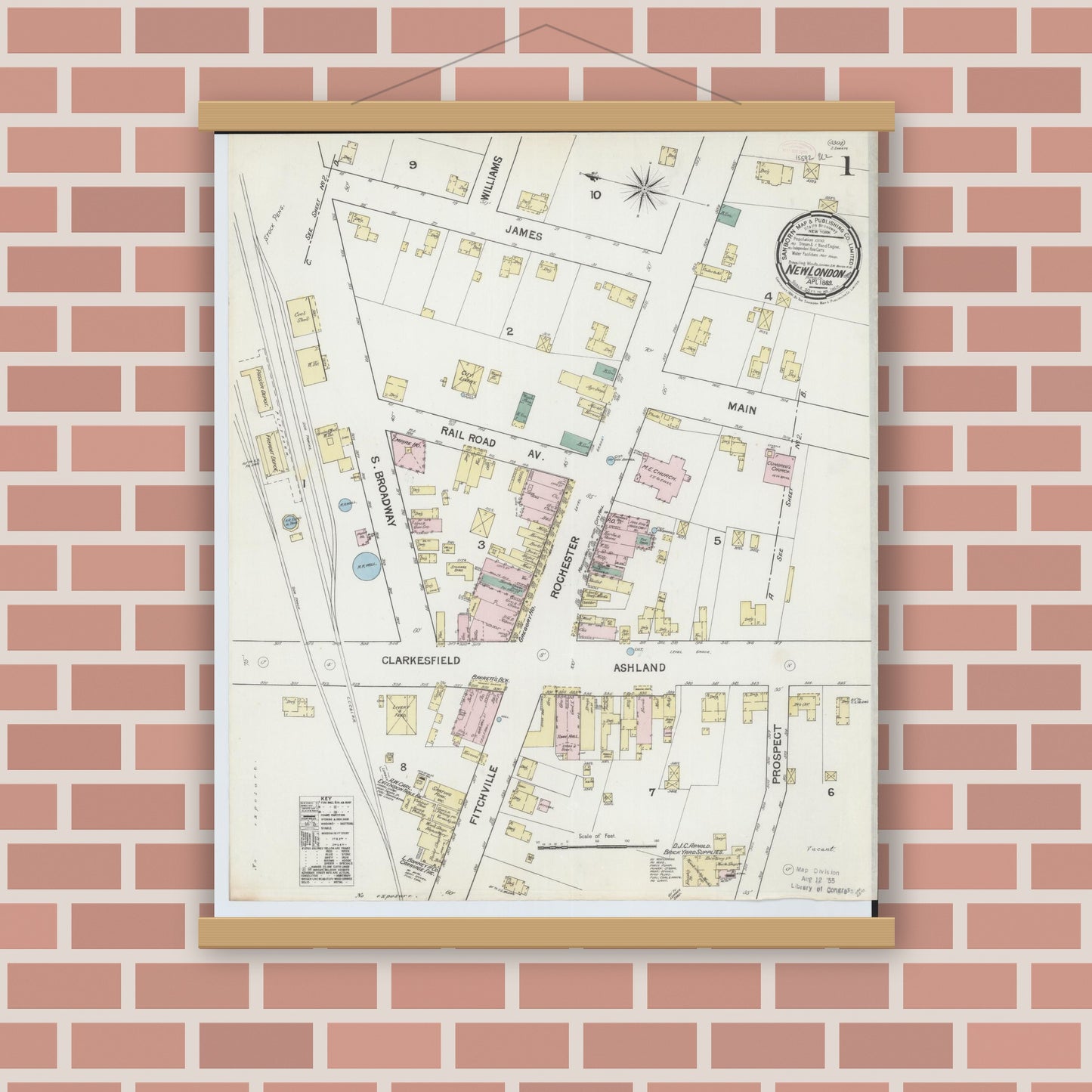 Old map wall art mockup — magnetic wood frame on brick wall — Sanborn Fire Insurance Map from New London, Huron County, Ohio (1889), Sheet #0001