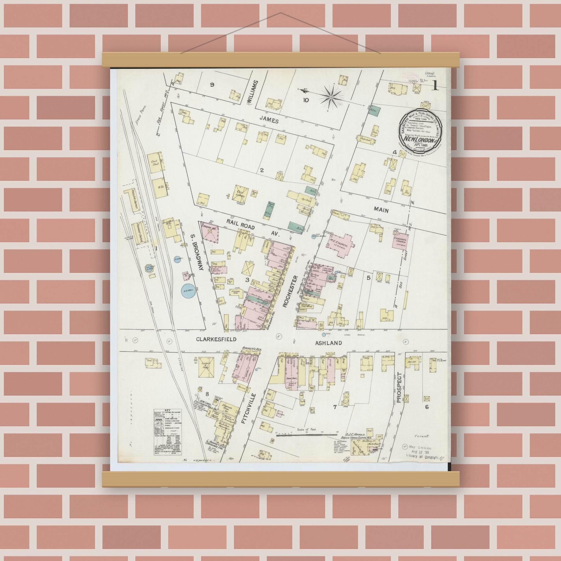 Old map wall art mockup — magnetic wood frame on brick wall — Sanborn Fire Insurance Map from New London, Huron County, Ohio (1889), Sheet #0001