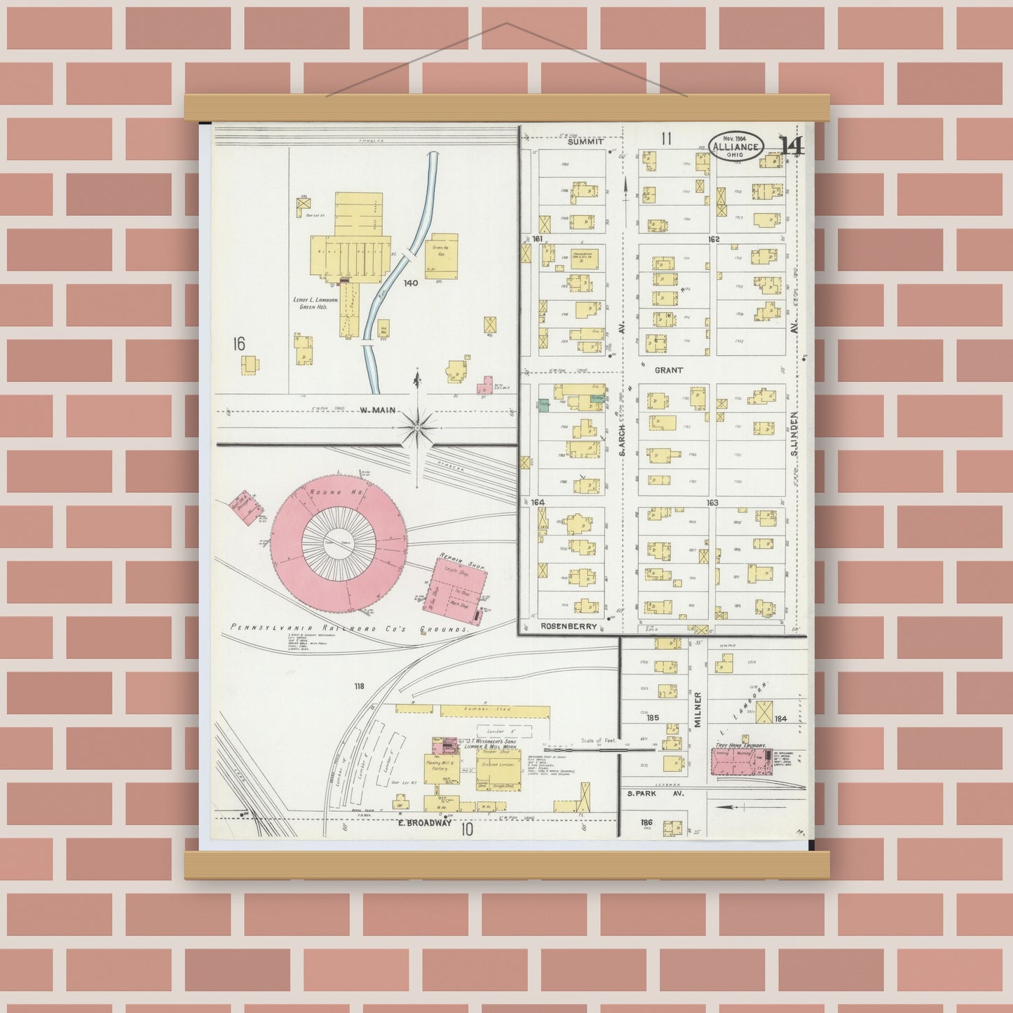 Old map wall art mockup — magnetic wood frame on brick wall — Sanborn Fire Insurance Map from Alliance, Stark County, Ohio (1904), Sheet #0014
