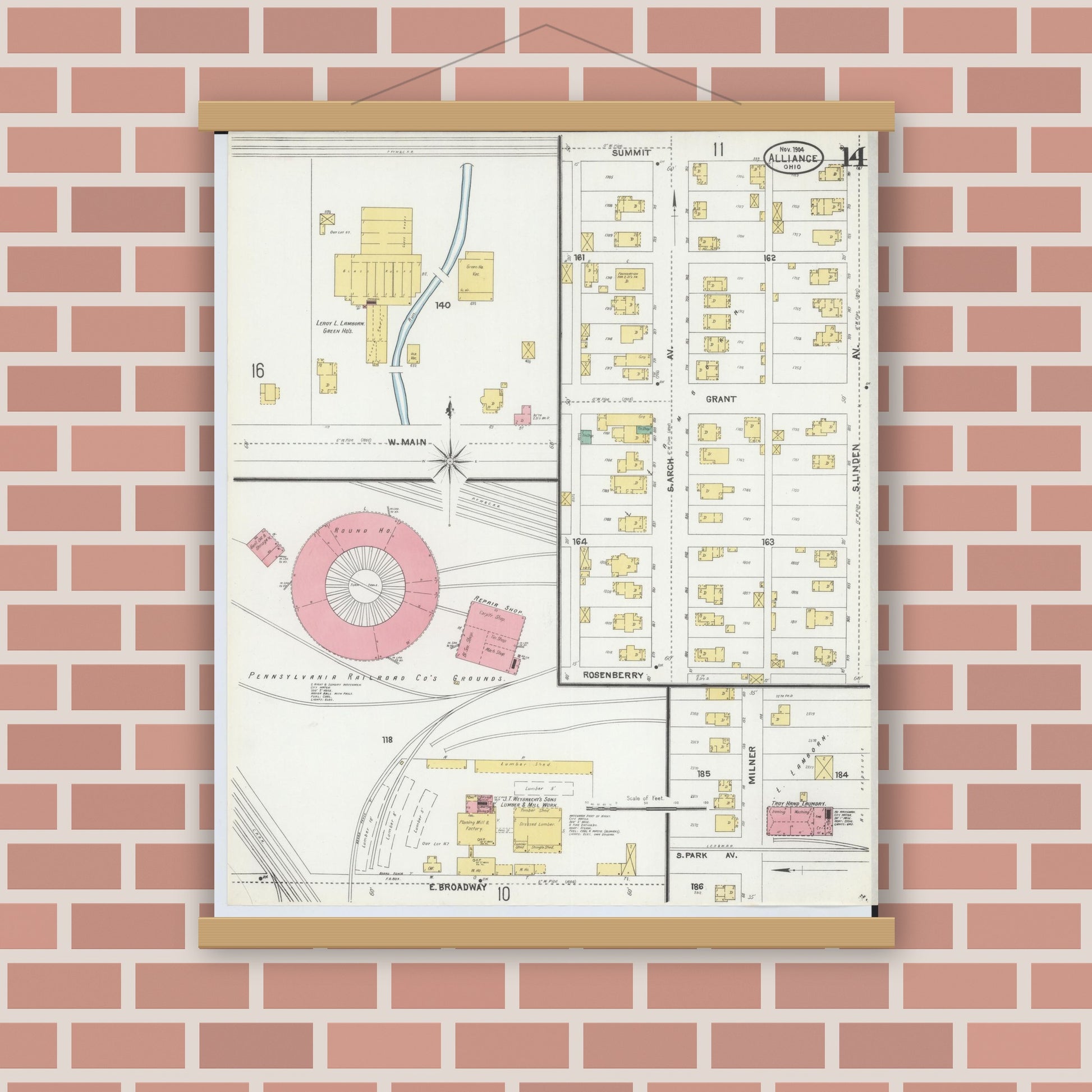 Old map wall art mockup — magnetic wood frame on brick wall — Sanborn Fire Insurance Map from Alliance, Stark County, Ohio (1904), Sheet #0014