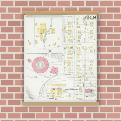 Old map wall art mockup — magnetic wood frame on brick wall — Sanborn Fire Insurance Map from Alliance, Stark County, Ohio (1904), Sheet #0014