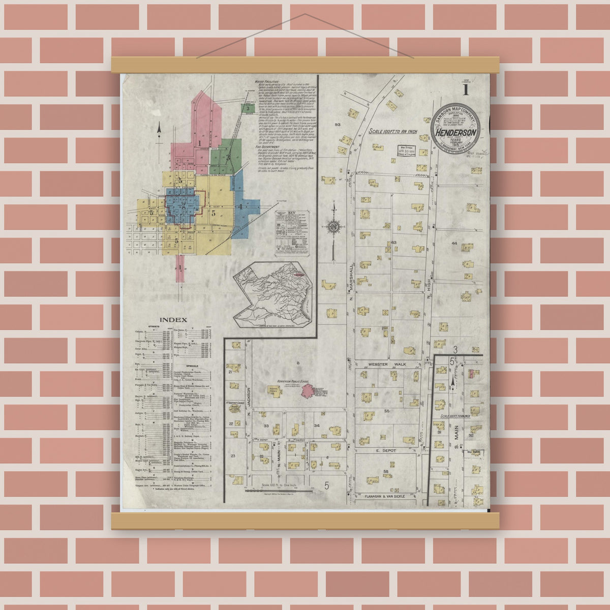 Old map wall art mockup — magnetic wood frame on brick wall — Sanborn Fire Insurance Map from Henderson, Rusk County, Texas (1919), Sheet #0001