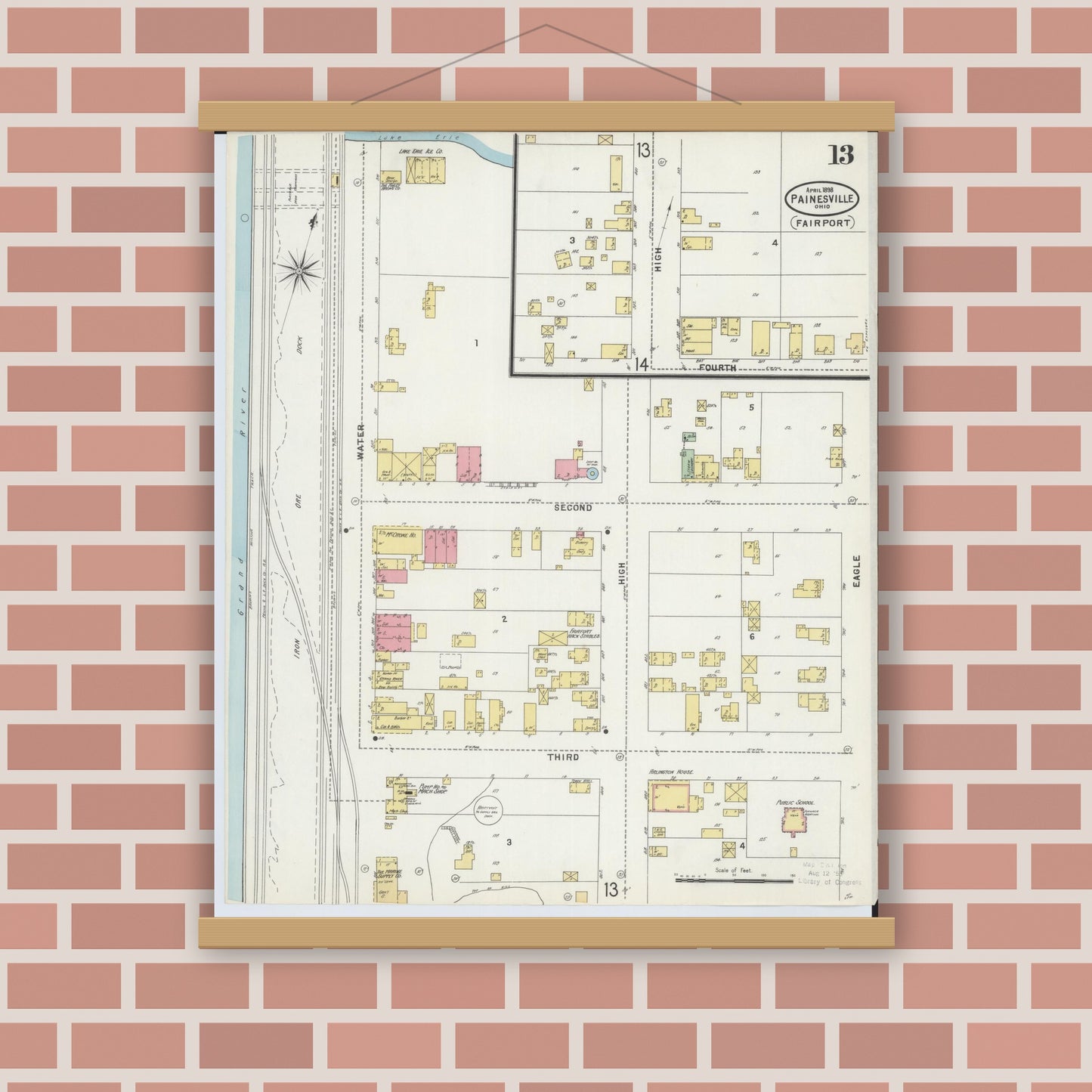 Old map wall art mockup — magnetic wood frame on brick wall — Sanborn Fire Insurance Map from Painesville, Lake County, Ohio (1898), Sheet #0013