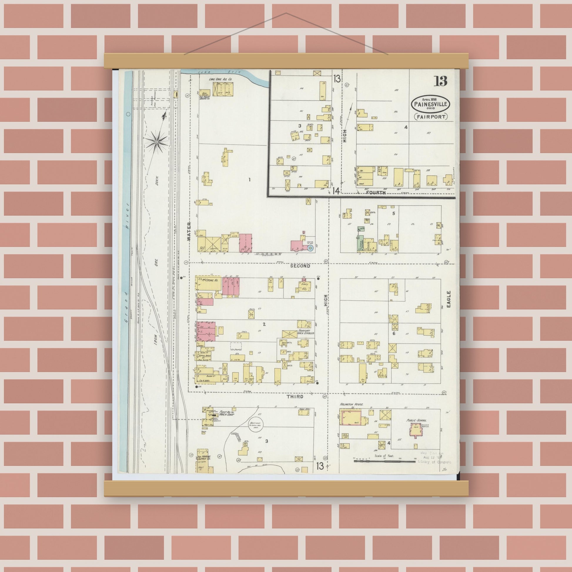 Old map wall art mockup — magnetic wood frame on brick wall — Sanborn Fire Insurance Map from Painesville, Lake County, Ohio (1898), Sheet #0013