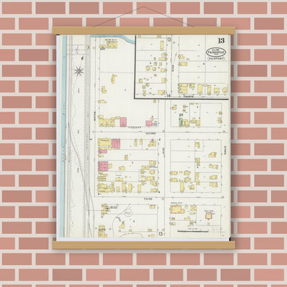Old map wall art mockup — magnetic wood frame on brick wall — Sanborn Fire Insurance Map from Painesville, Lake County, Ohio (1898), Sheet #0013