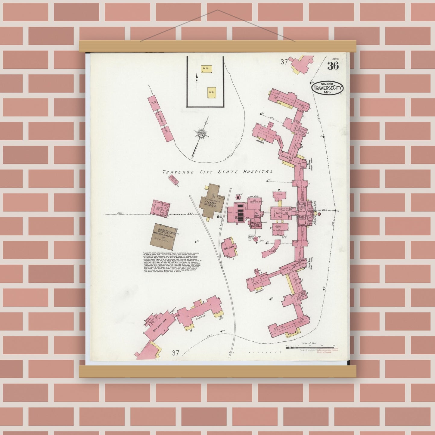 Old map wall art mockup — magnetic wood frame on brick wall — Sanborn Fire Insurance Map from Traverse City, Grand Traverse County, Michigan (1920), Sheet #0036