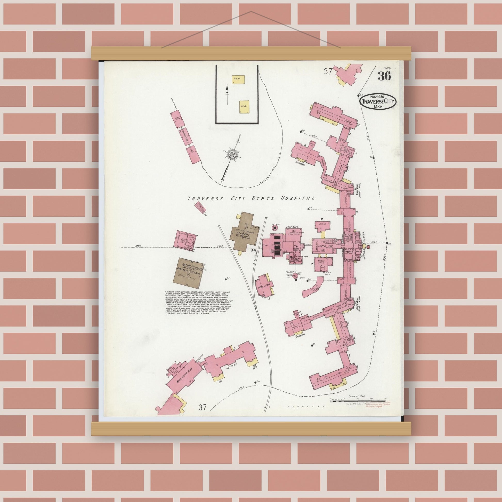 Old map wall art mockup — magnetic wood frame on brick wall — Sanborn Fire Insurance Map from Traverse City, Grand Traverse County, Michigan (1920), Sheet #0036