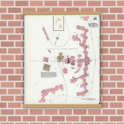 Old map wall art mockup — magnetic wood frame on brick wall — Sanborn Fire Insurance Map from Traverse City, Grand Traverse County, Michigan (1920), Sheet #0036
