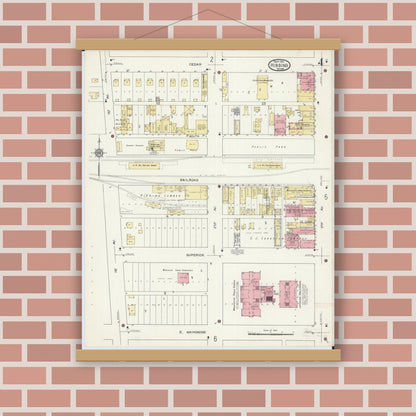Old map wall art mockup — magnetic wood frame on brick wall — Sanborn Fire Insurance Map from Hibbing, Saint Louis County, Minnesota (1913), Sheet #0004