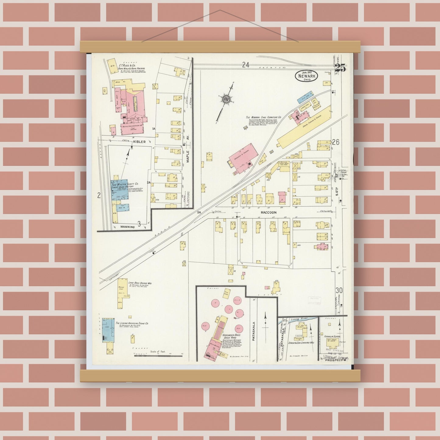 Old map wall art mockup — magnetic wood frame on brick wall — Sanborn Fire Insurance Map from Newark, Licking County, Ohio (1912), Sheet #0025