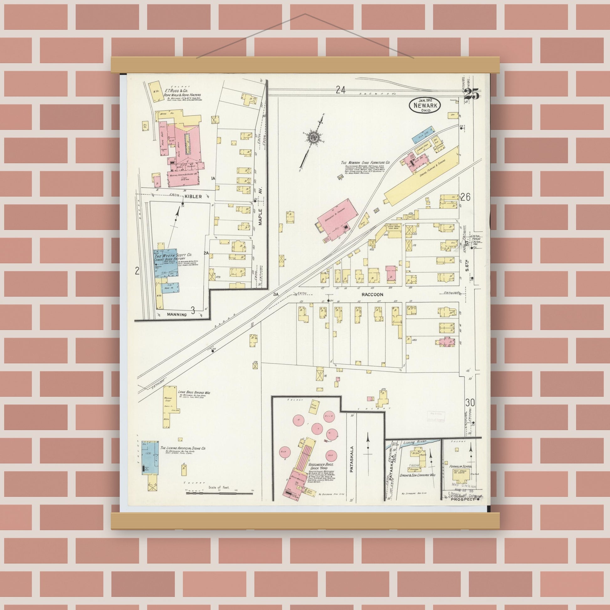 Old map wall art mockup — magnetic wood frame on brick wall — Sanborn Fire Insurance Map from Newark, Licking County, Ohio (1912), Sheet #0025