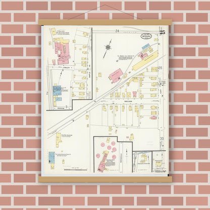 Old map wall art mockup — magnetic wood frame on brick wall — Sanborn Fire Insurance Map from Newark, Licking County, Ohio (1912), Sheet #0025