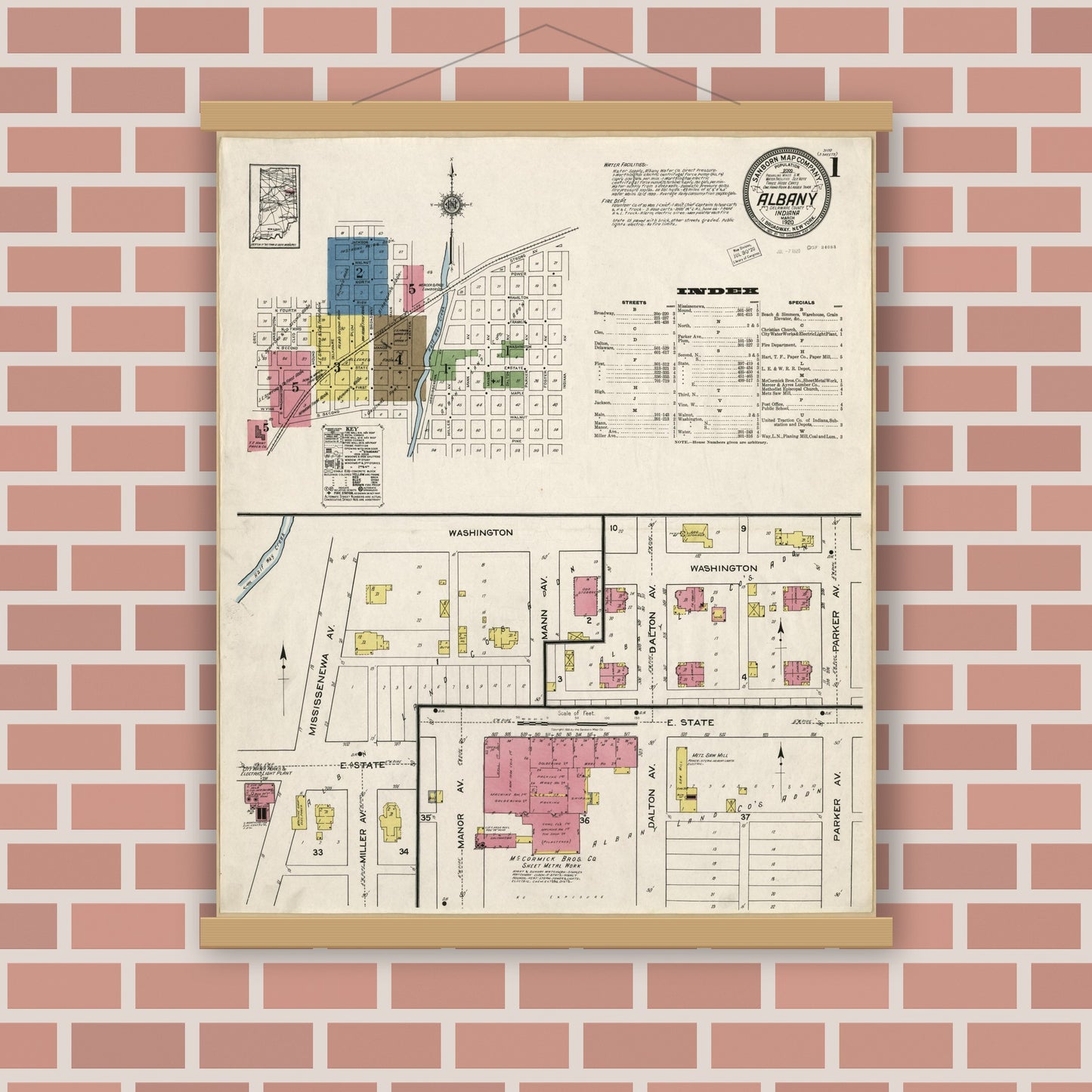 Old map wall art mockup — magnetic wood frame on brick wall — Sanborn Fire Insurance Map from Albany, Delaware County, Indiana (1920), Sheet #0001
