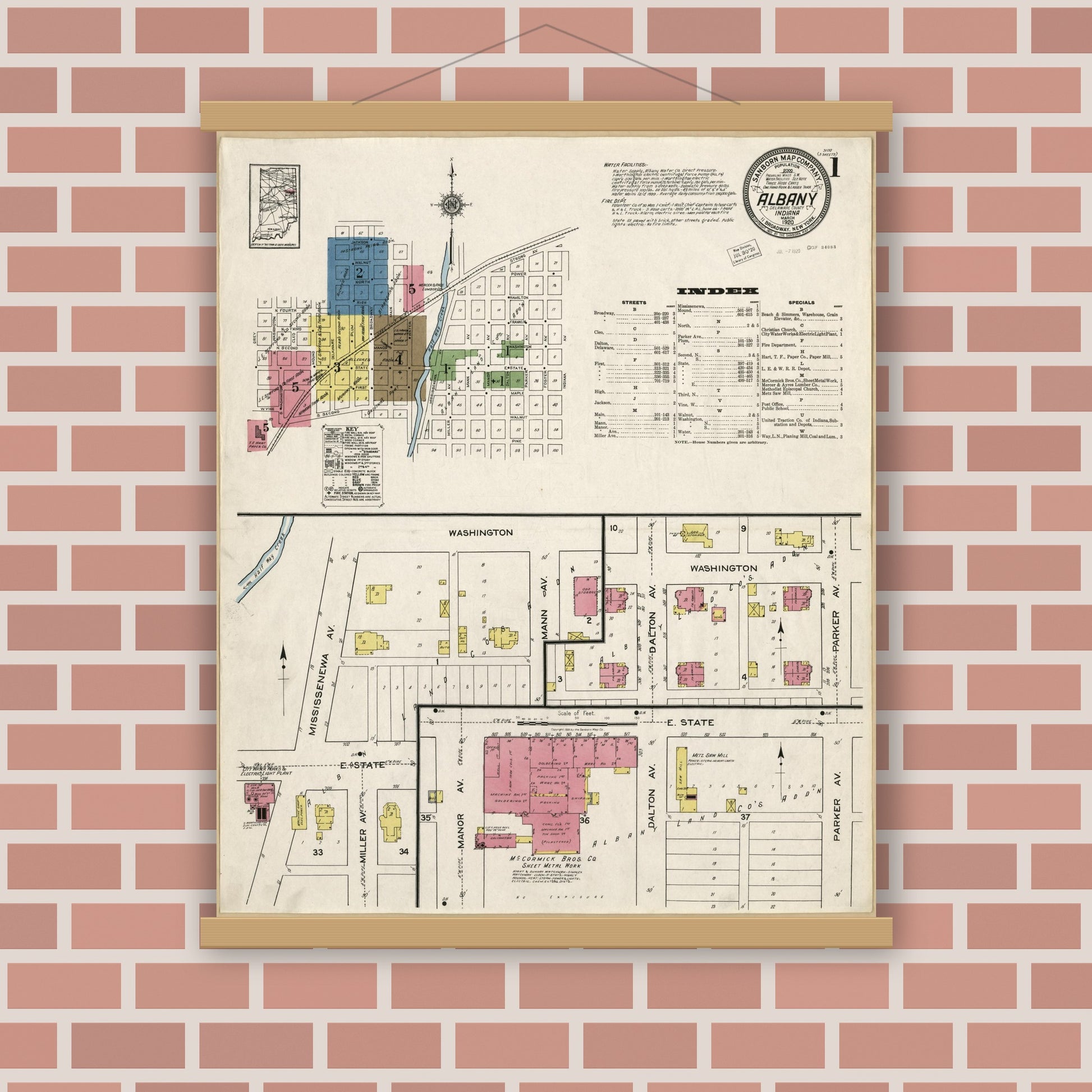 Old map wall art mockup — magnetic wood frame on brick wall — Sanborn Fire Insurance Map from Albany, Delaware County, Indiana (1920), Sheet #0001