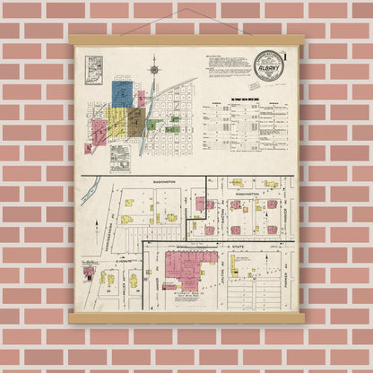 Old map wall art mockup — magnetic wood frame on brick wall — Sanborn Fire Insurance Map from Albany, Delaware County, Indiana (1920), Sheet #0001