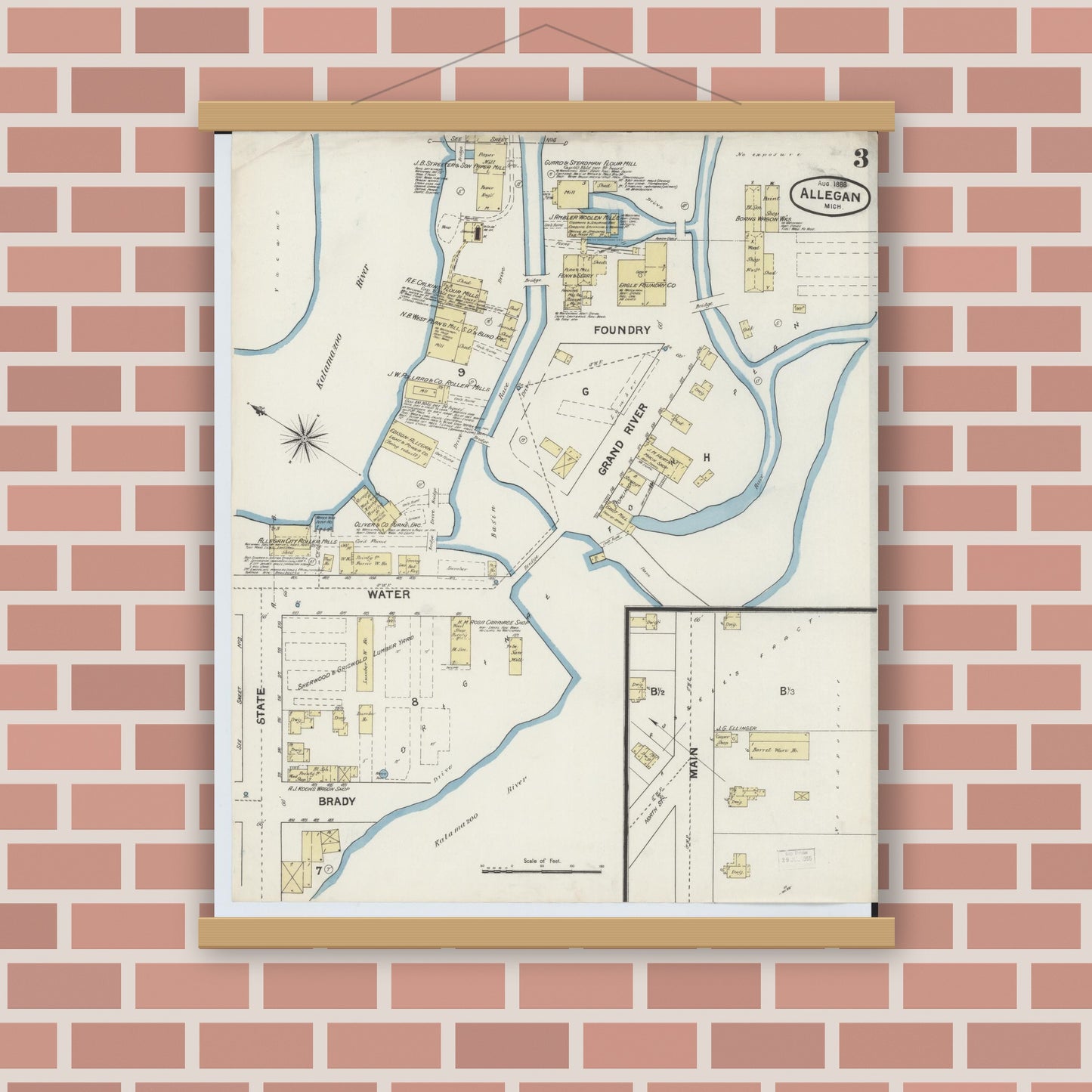 Old map wall art mockup — magnetic wood frame on brick wall — Sanborn Fire Insurance Map from Allegan, Allegan County, Michigan (1888), Sheet #0003