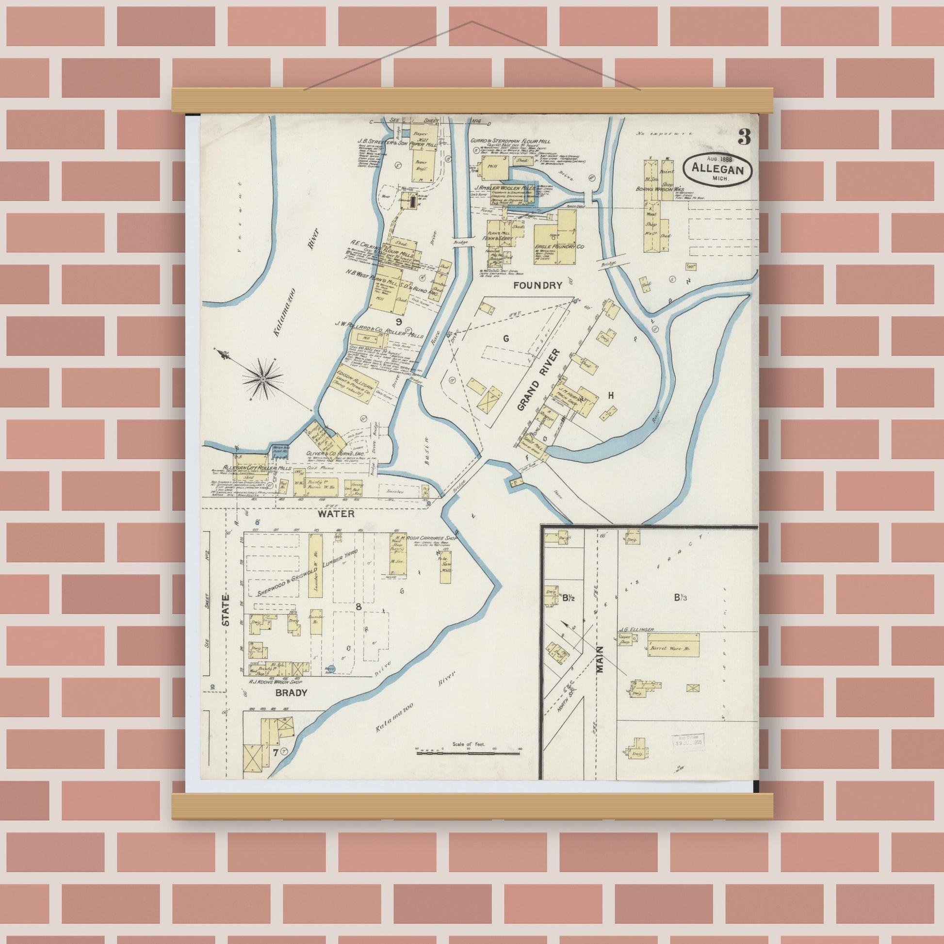 Old map wall art mockup — magnetic wood frame on brick wall — Sanborn Fire Insurance Map from Allegan, Allegan County, Michigan (1888), Sheet #0003