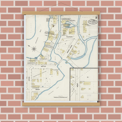 Old map wall art mockup — magnetic wood frame on brick wall — Sanborn Fire Insurance Map from Allegan, Allegan County, Michigan (1888), Sheet #0003
