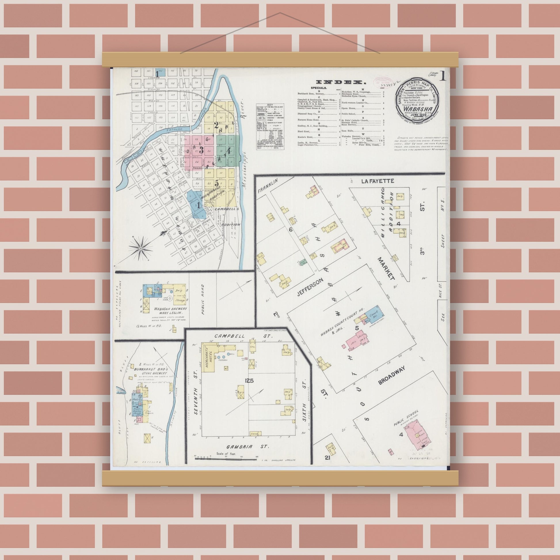 Old map wall art mockup — magnetic wood frame on brick wall — Sanborn Fire Insurance Map from Wabasha, Wabasha County, Minnesota (1890) - Complete Map Set