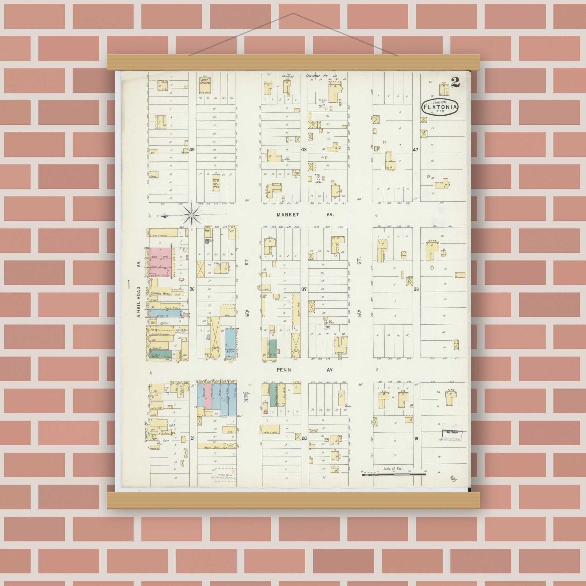 Old map wall art mockup — magnetic wood frame on brick wall — Sanborn Fire Insurance Map from Flatonia, Fayette County, Texas (1896), Sheet #0002