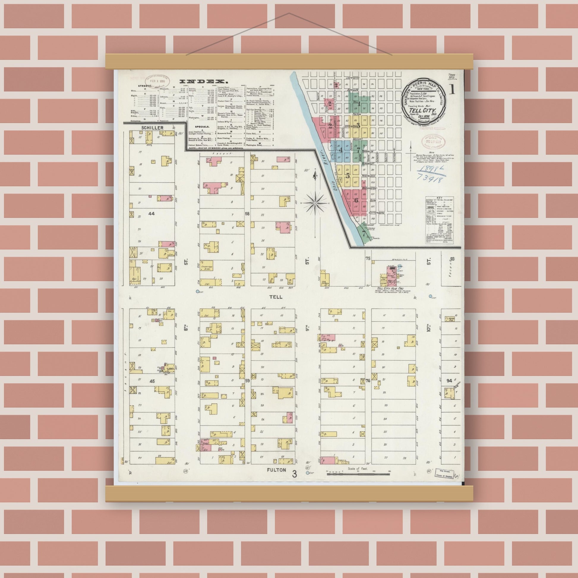 Old map wall art mockup — magnetic wood frame on brick wall — Sanborn Fire Insurance Map from Tell City, Perry County, Indiana (1898) - Complete Map Set