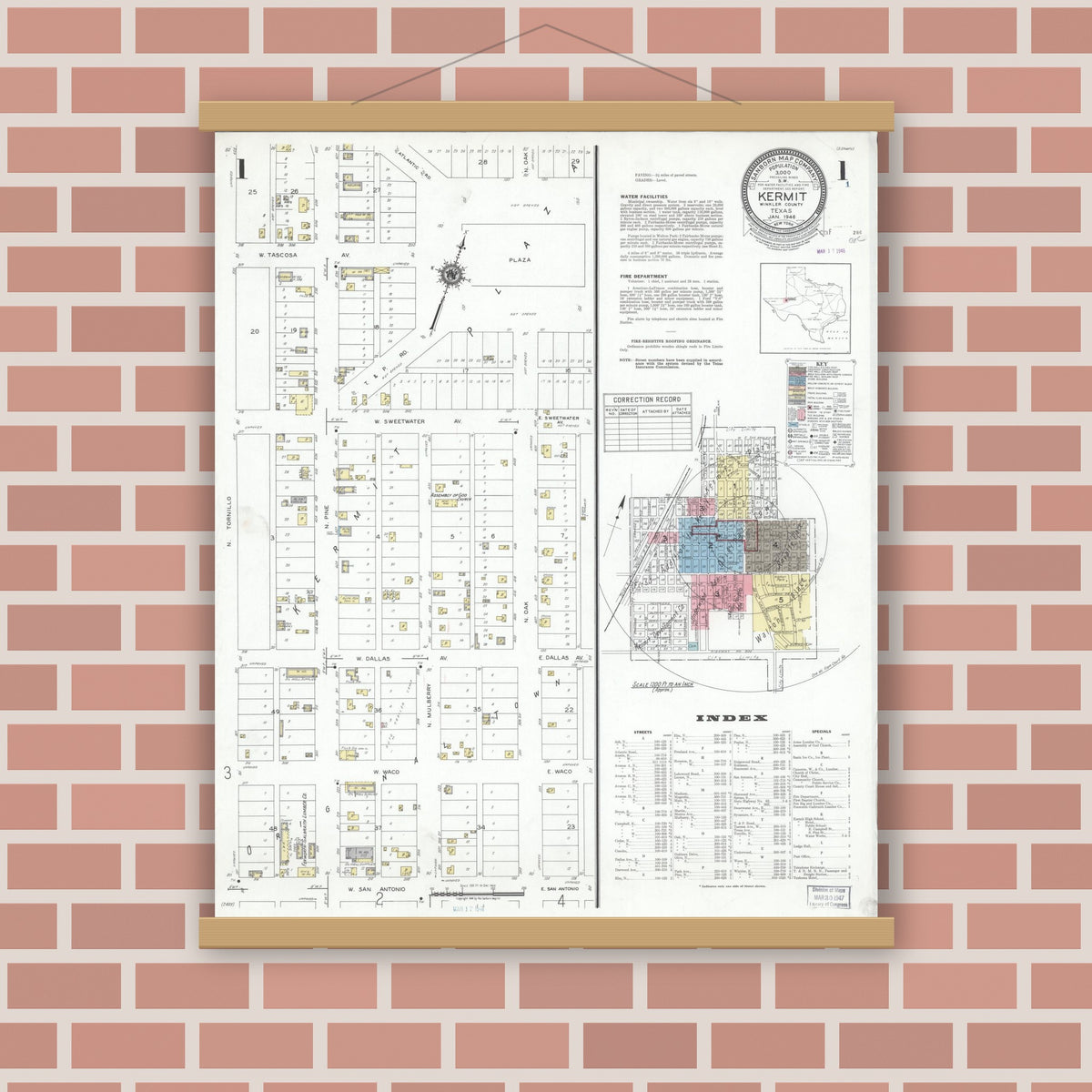 Old map wall art mockup — magnetic wood frame on brick wall — Sanborn Fire Insurance Map from Kermit, Winkler County, Texas (1946) - Complete Map Set