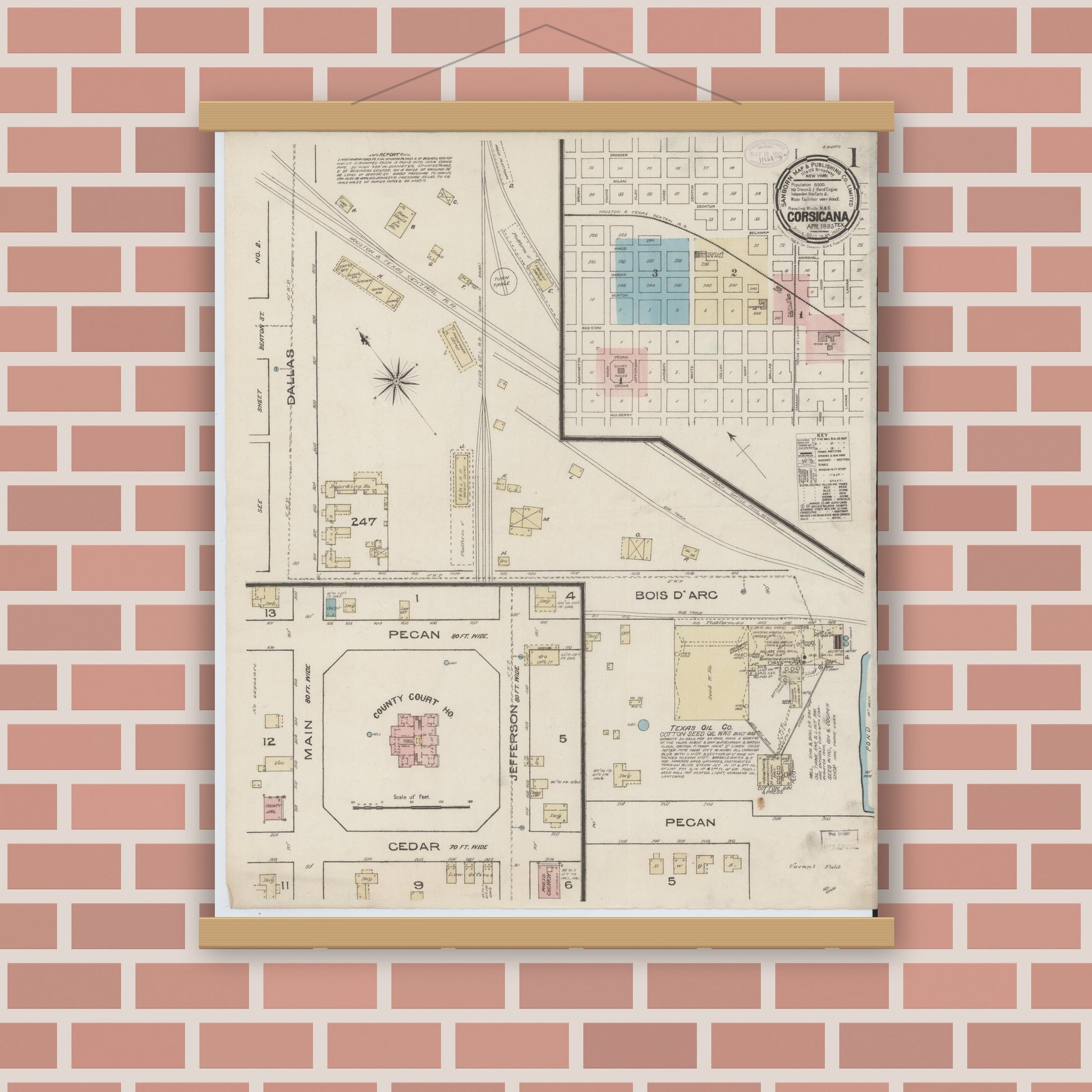 Old map wall art mockup — magnetic wood frame on brick wall — Sanborn Fire Insurance Map from Corsicana, Navarro County, Texas (1885), Sheet #0001