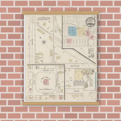 Old map wall art mockup — magnetic wood frame on brick wall — Sanborn Fire Insurance Map from Corsicana, Navarro County, Texas (1885), Sheet #0001