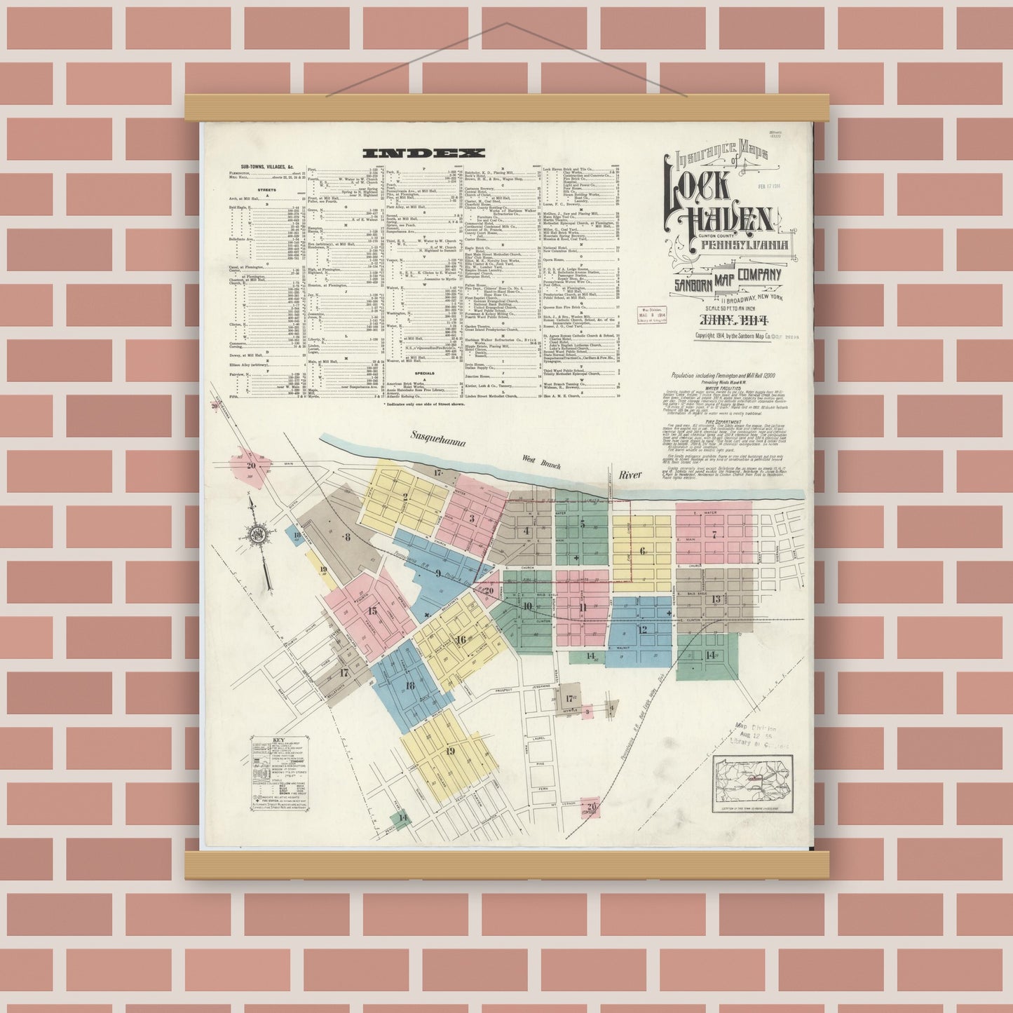 Old map wall art mockup — magnetic wood frame on brick wall — Sanborn Fire Insurance Map from Lock Haven, Clinton County, Pennsylvania (1914) - Complete Map Set
