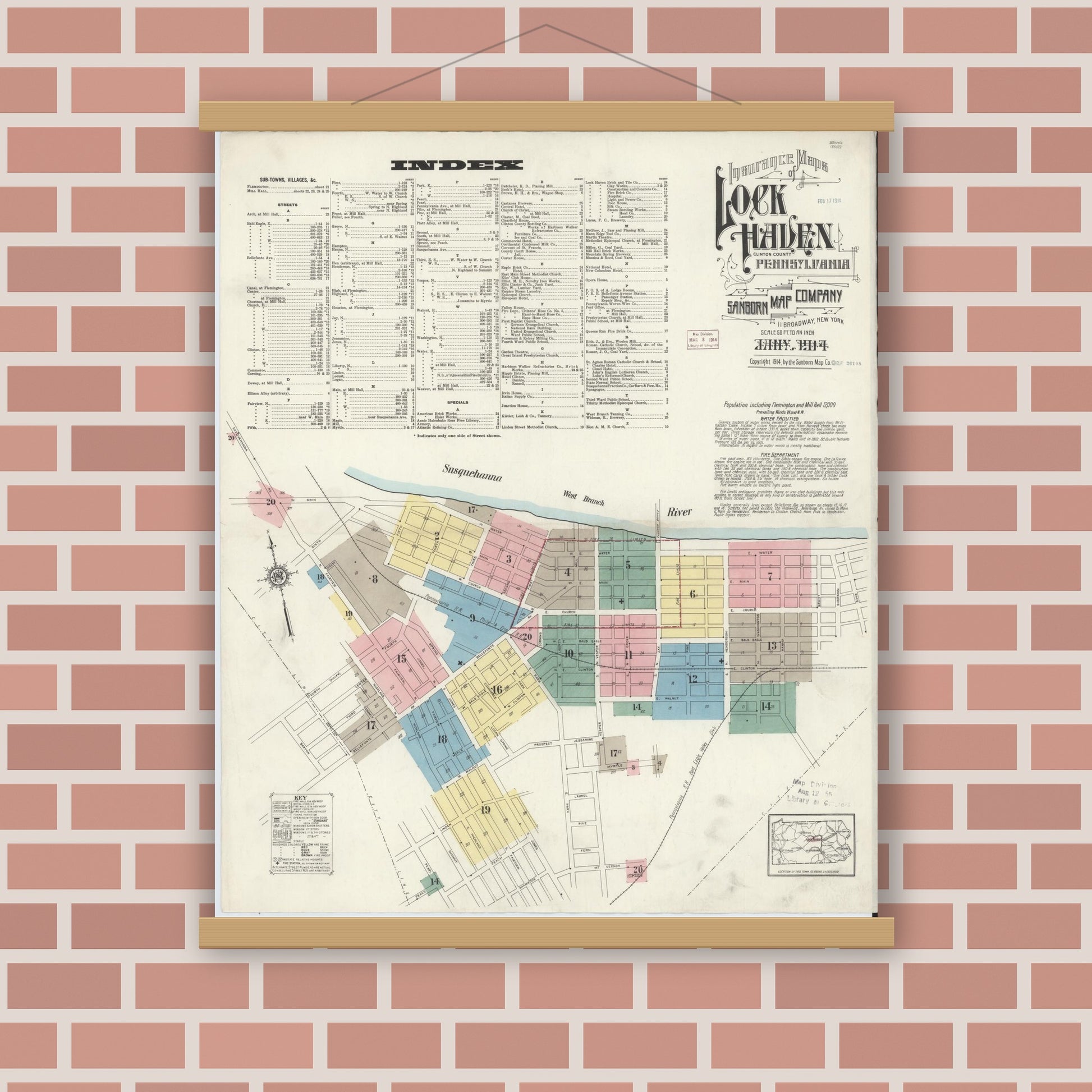 Old map wall art mockup — magnetic wood frame on brick wall — Sanborn Fire Insurance Map from Lock Haven, Clinton County, Pennsylvania (1914) - Complete Map Set