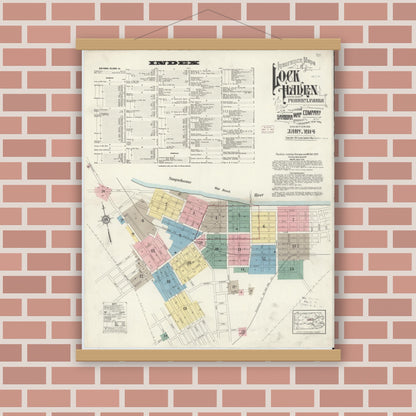 Old map wall art mockup — magnetic wood frame on brick wall — Sanborn Fire Insurance Map from Lock Haven, Clinton County, Pennsylvania (1914) - Complete Map Set