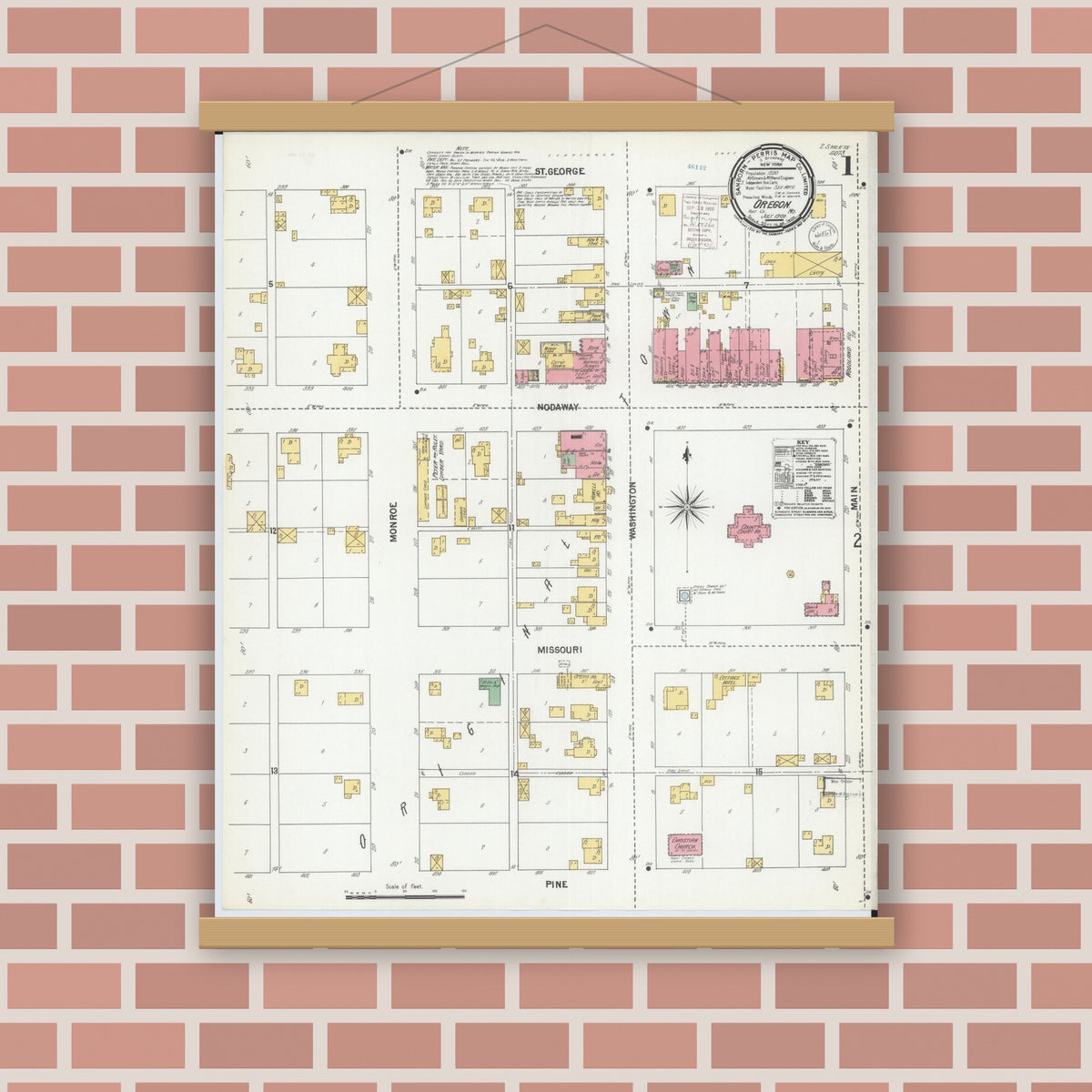 Old map wall art mockup — magnetic wood frame on brick wall — Sanborn Fire Insurance Map from Oregon, Holt County, Missouri (1900), Sheet #0001