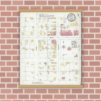 Old map wall art mockup — magnetic wood frame on brick wall — Sanborn Fire Insurance Map from Oregon, Holt County, Missouri (1900), Sheet #0001