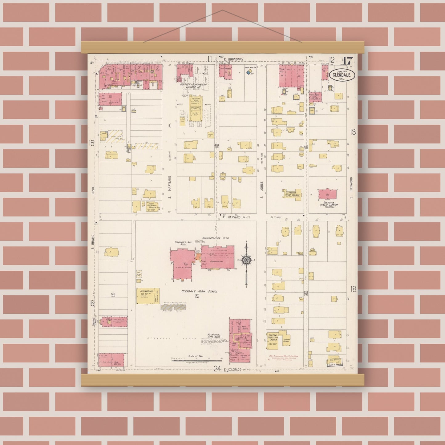 Old map wall art mockup — magnetic wood frame on brick wall — Sanborn Fire Insurance Map from Glendale, Los Angeles County, California (1919), Sheet #0017