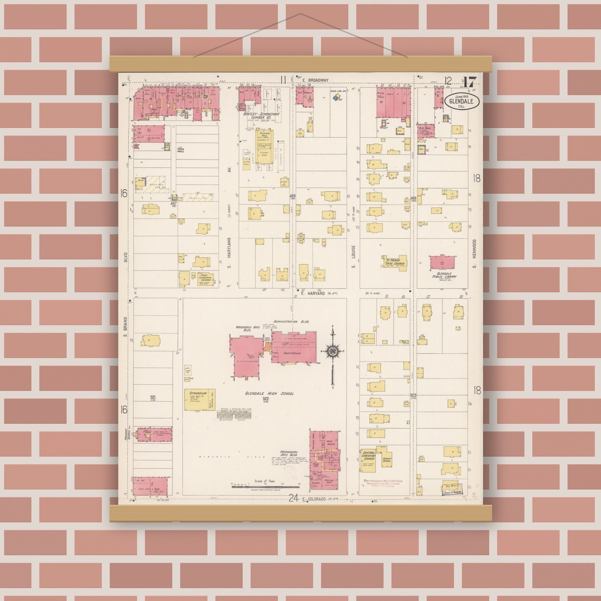 Old map wall art mockup — magnetic wood frame on brick wall — Sanborn Fire Insurance Map from Glendale, Los Angeles County, California (1919), Sheet #0017