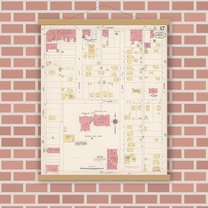 Old map wall art mockup — magnetic wood frame on brick wall — Sanborn Fire Insurance Map from Glendale, Los Angeles County, California (1919), Sheet #0017