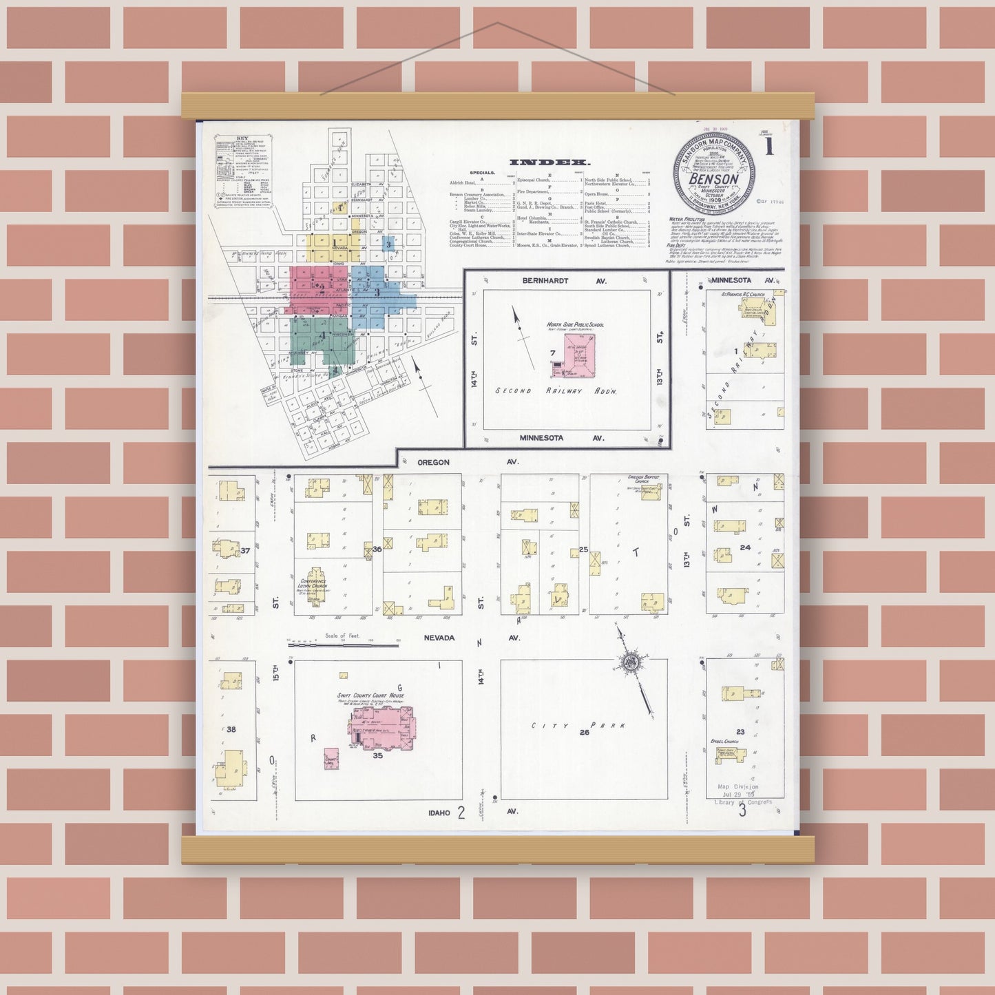 Old map wall art mockup — magnetic wood frame on brick wall — Sanborn Fire Insurance Map from Benson, Swift County, Minnesota (1909) - Complete Map Set