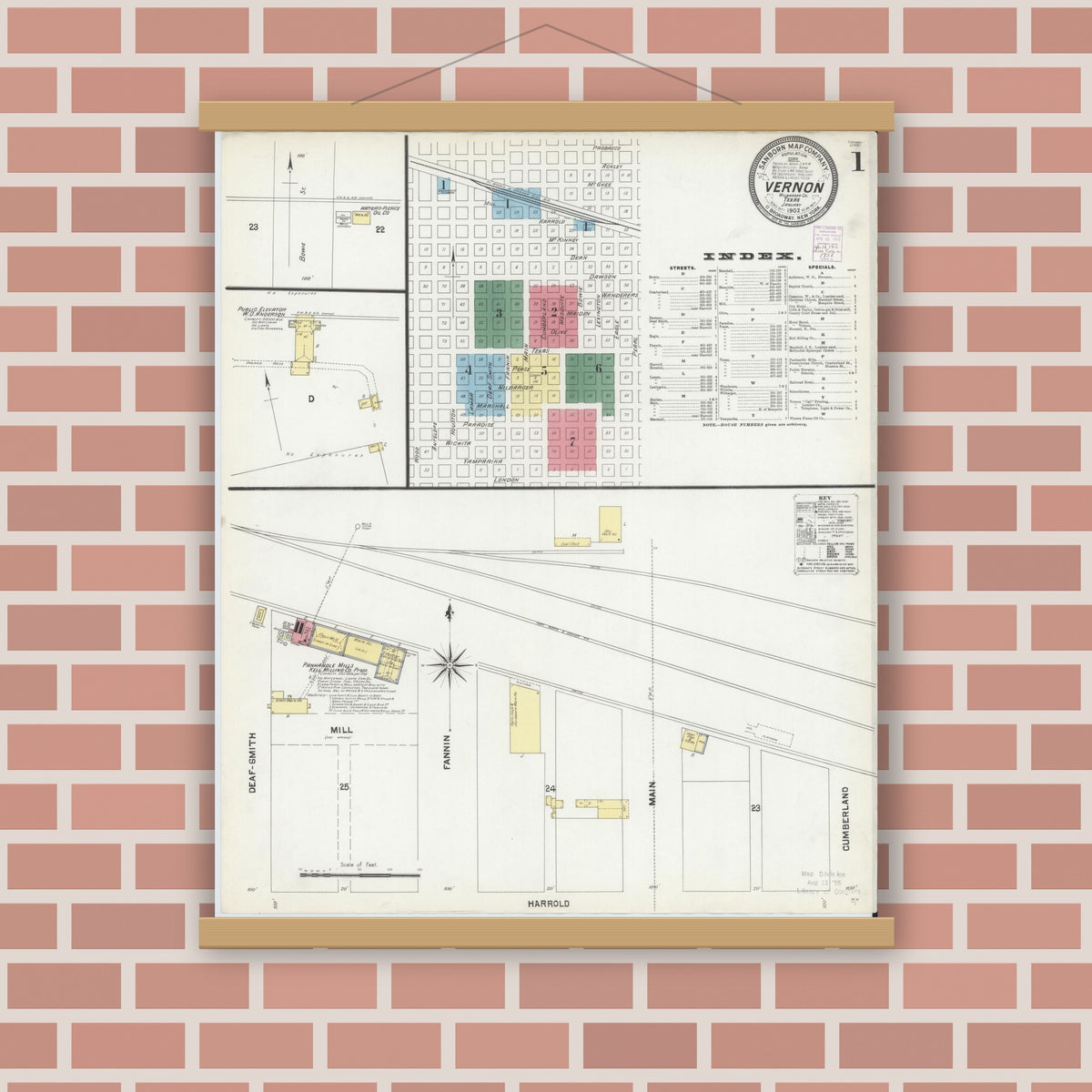Old map wall art mockup — magnetic wood frame on brick wall — Sanborn Fire Insurance Map from Vernon, Wilbarger County, Texas (1902) - Complete Map Set