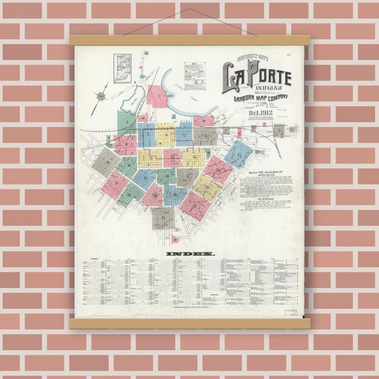 Old map wall art mockup — magnetic wood frame on brick wall — Sanborn Fire Insurance Map from La Porte, La Porte County, Indiana (1912), Sheet #0001