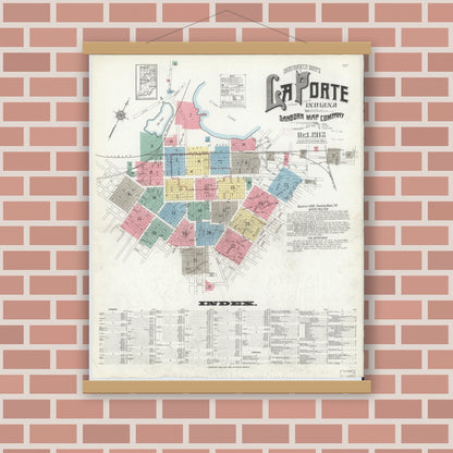 Old map wall art mockup — magnetic wood frame on brick wall — Sanborn Fire Insurance Map from La Porte, La Porte County, Indiana (1912), Sheet #0001