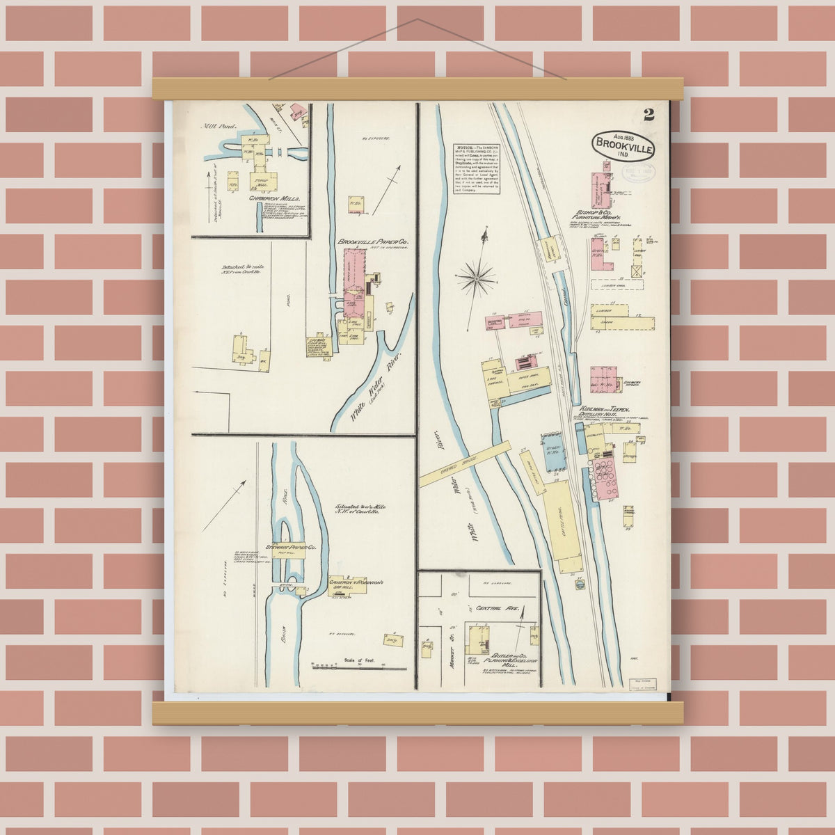 Old map wall art mockup — magnetic wood frame on brick wall — Sanborn Fire Insurance Map from Brookville, Franklin County, Indiana (1883), Sheet #0002