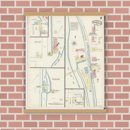 Old map wall art mockup — magnetic wood frame on brick wall — Sanborn Fire Insurance Map from Brookville, Franklin County, Indiana (1883), Sheet #0002