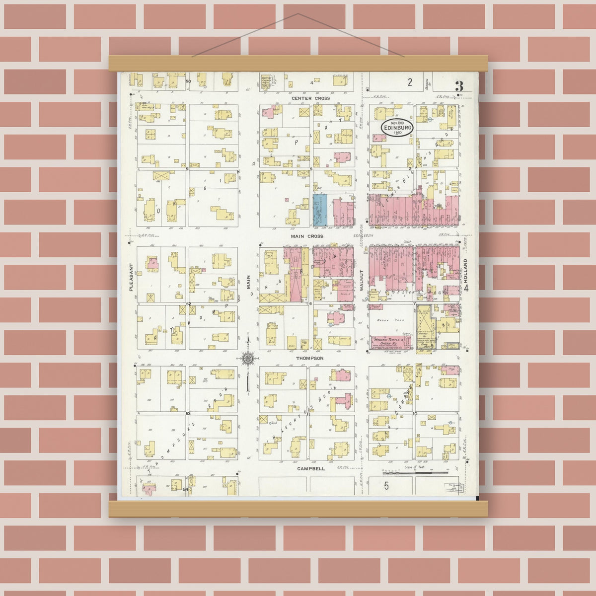Old map wall art mockup — magnetic wood frame on brick wall — Sanborn Fire Insurance Map from Edinburg, Johnson And Bartholomew Counties, Indiana (1910), Sheet #0003