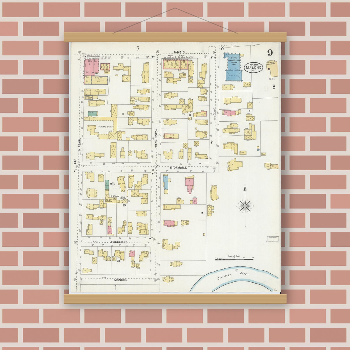 Old map wall art mockup — magnetic wood frame on brick wall — Sanborn Fire Insurance Map from Malone, Franklin County, New York (1903), Sheet #0009