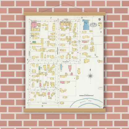 Old map wall art mockup — magnetic wood frame on brick wall — Sanborn Fire Insurance Map from Malone, Franklin County, New York (1903), Sheet #0009
