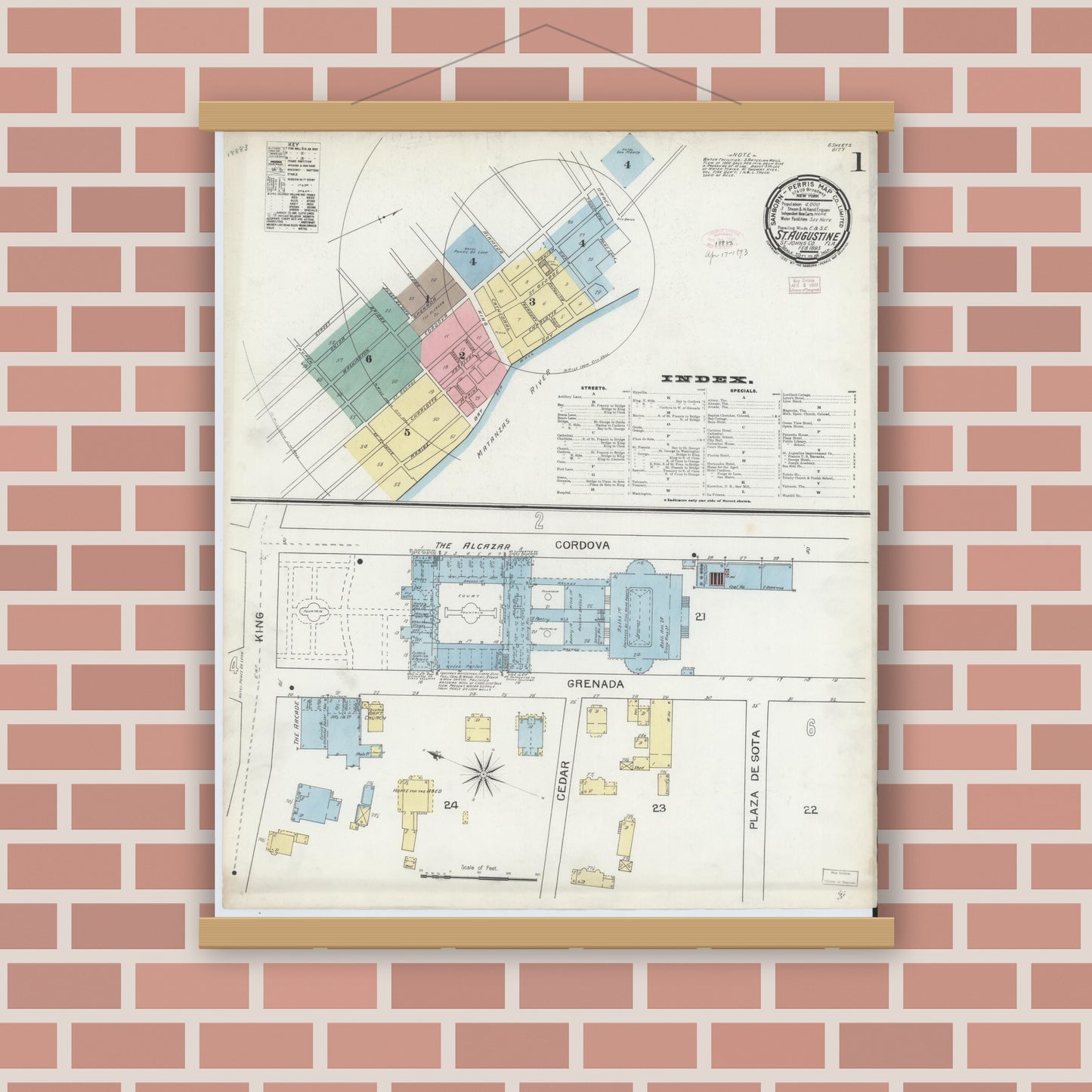 Old map wall art mockup — magnetic wood frame on brick wall — Sanborn Fire Insurance Map from Saint Augustine, Saint John's County, Florida (1893), Sheet #0001