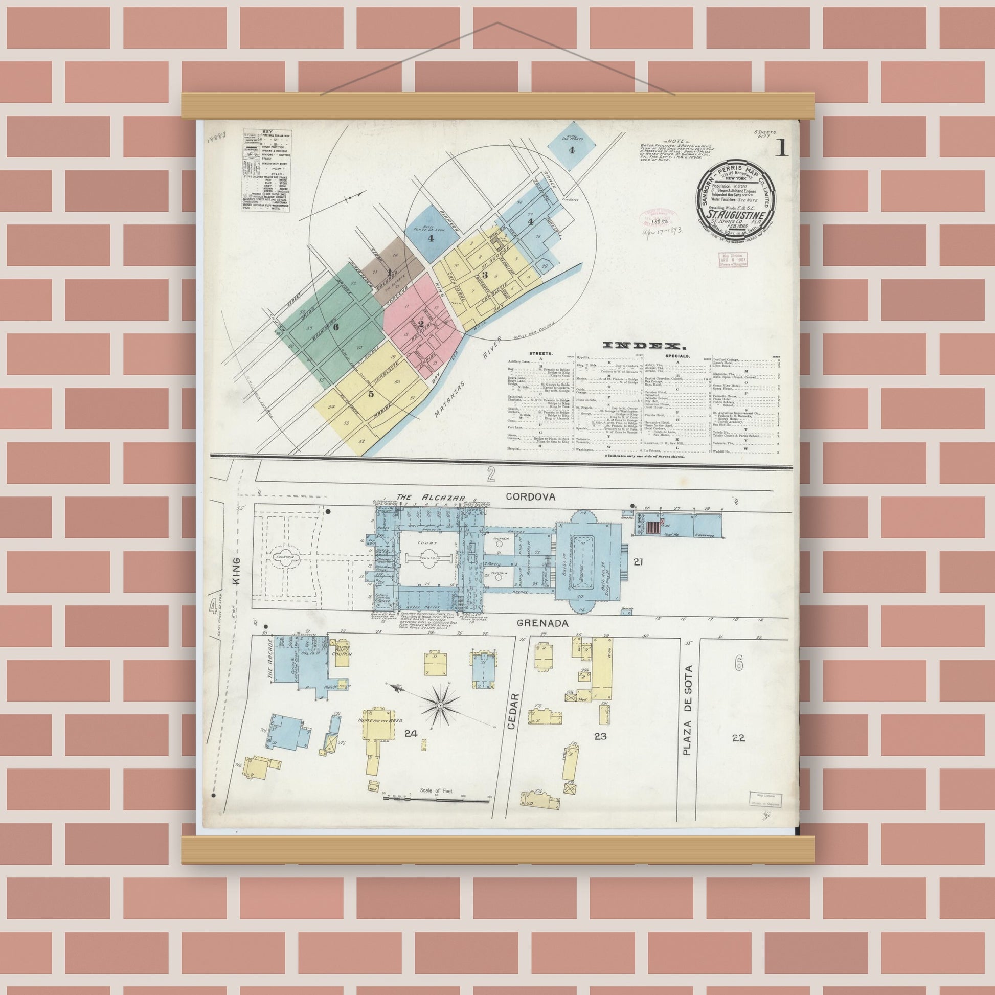 Old map wall art mockup — magnetic wood frame on brick wall — Sanborn Fire Insurance Map from Saint Augustine, Saint John's County, Florida (1893), Sheet #0001