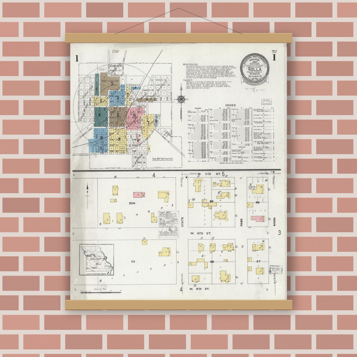 Old map wall art mockup — magnetic wood frame on brick wall — Sanborn Fire Insurance Map from Rolla, Phelps County, Missouri (1924) - Complete Map Set