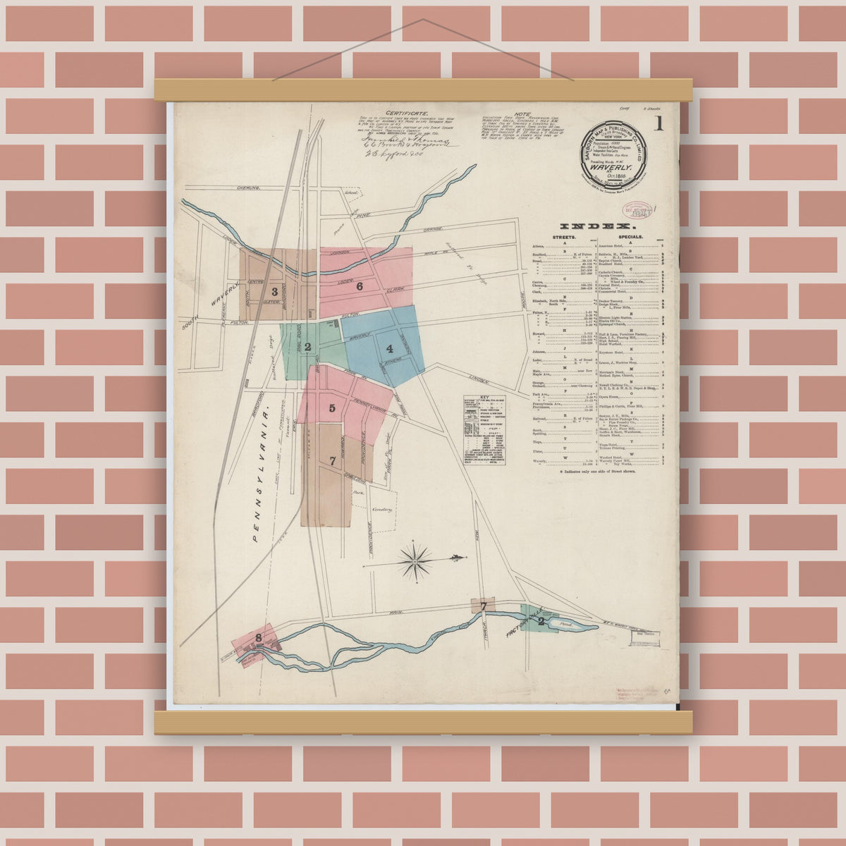 Old map wall art mockup — magnetic wood frame on brick wall — Sanborn Fire Insurance Map from Waverly, Tioga County, New York (1888) - Complete Map Set